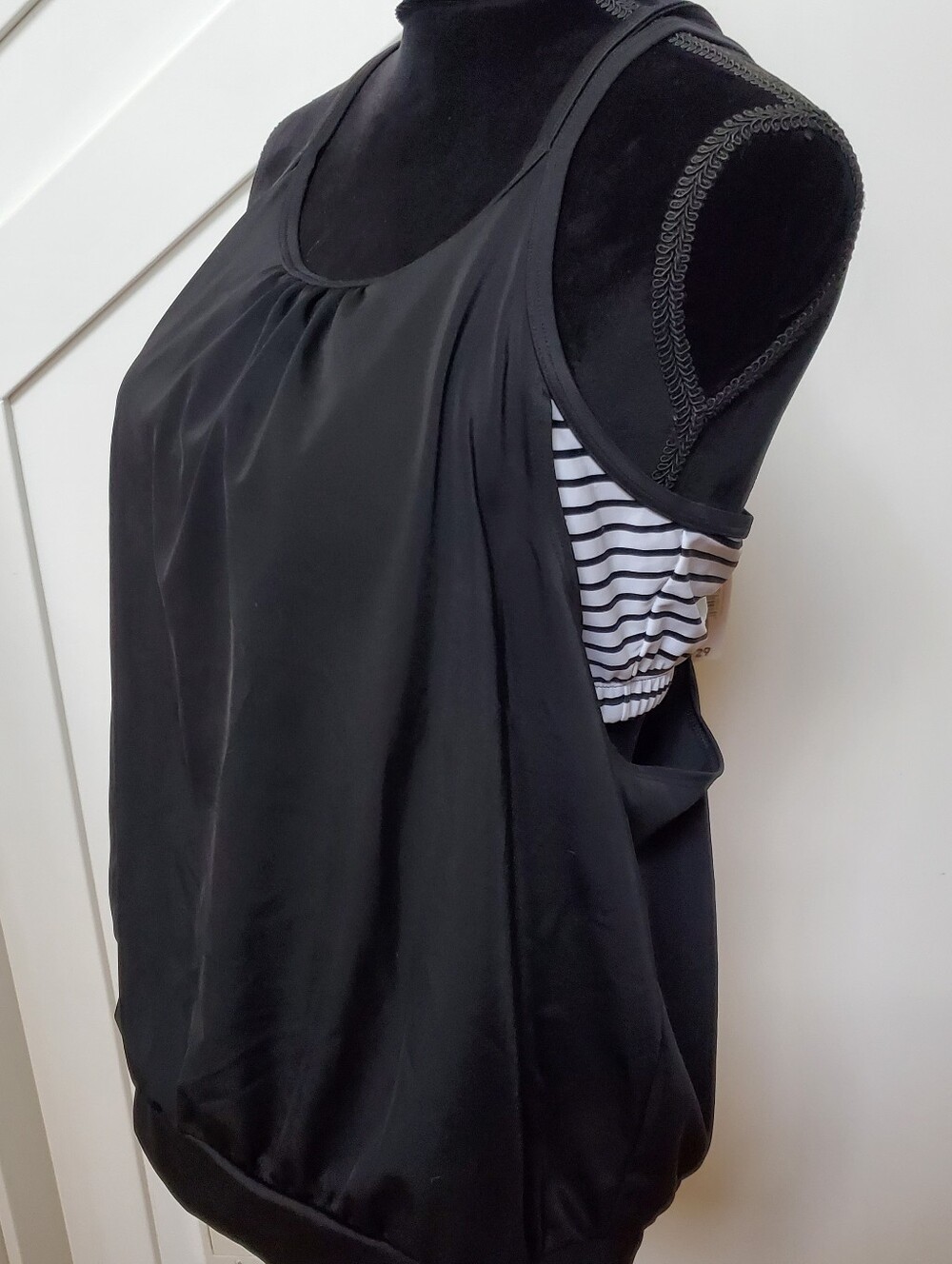 Black Sleeveless Tankini with Striped Inset Fitted Bikini Top Underneath